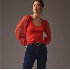 Maeve Red Lace Sleeve Blouse, NWT, Size Medium Petite